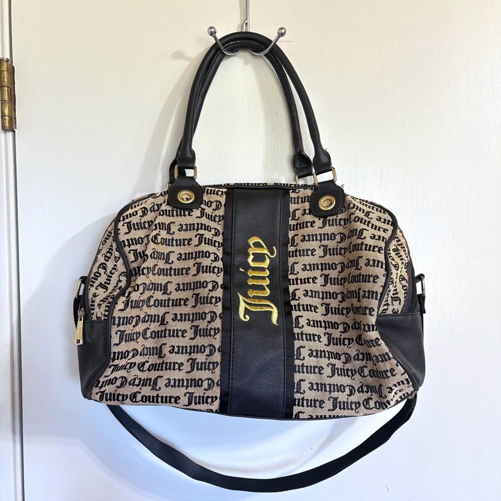 Juicy Couture Y2K Gothic‎ Logo Duffle Bag Black Tan Gold Weekender Crossbody